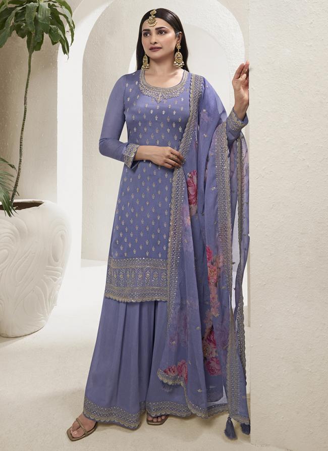 Heavy Viscose Chinon Royal Bue Wedding Wear Embroidery Work Plazzo Suit